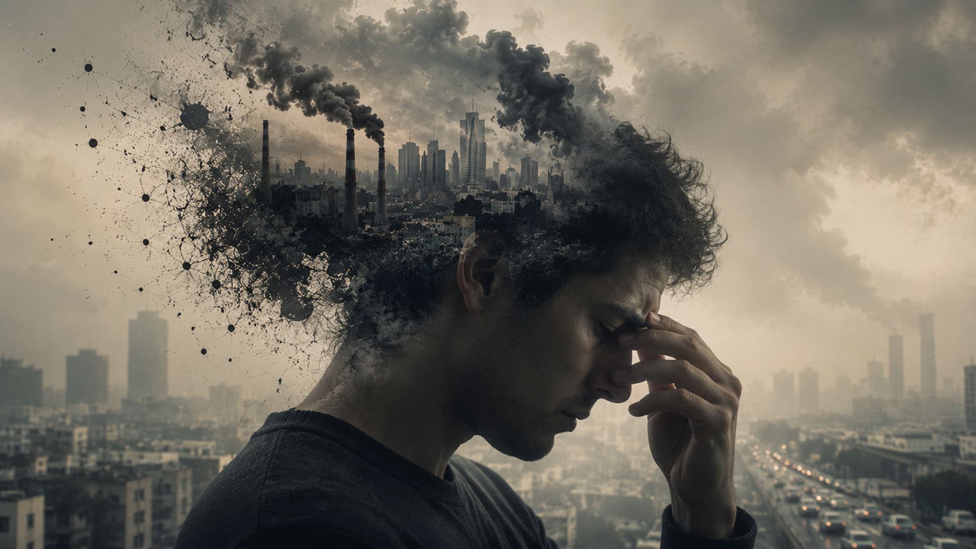 تصویر مفهومی از تأثیر آلودگی هوا بر سلامت روان انسان و افزایش استرس و اضطراب